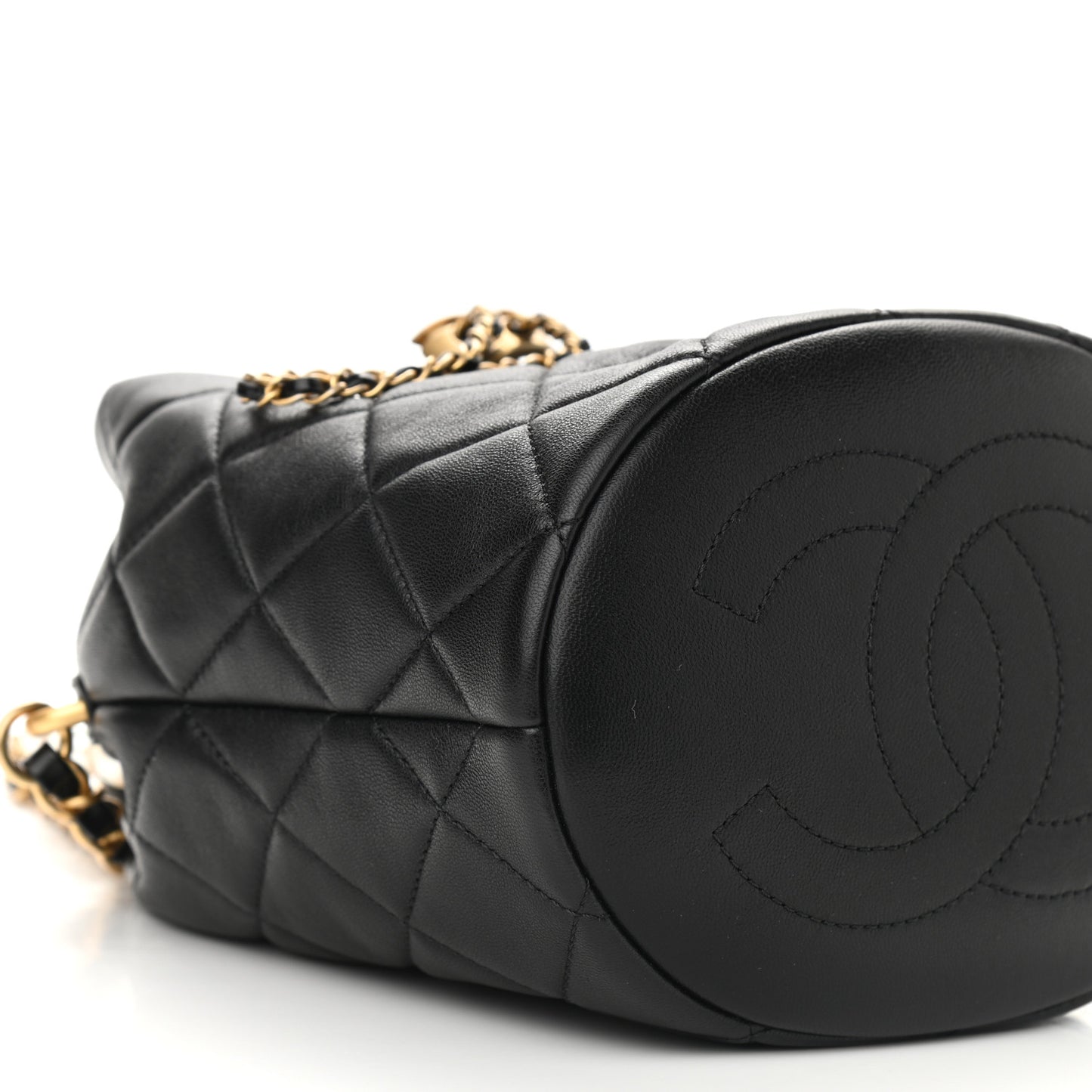 Lambskin Quilted Pearl Crown Drawstring Bag Black
