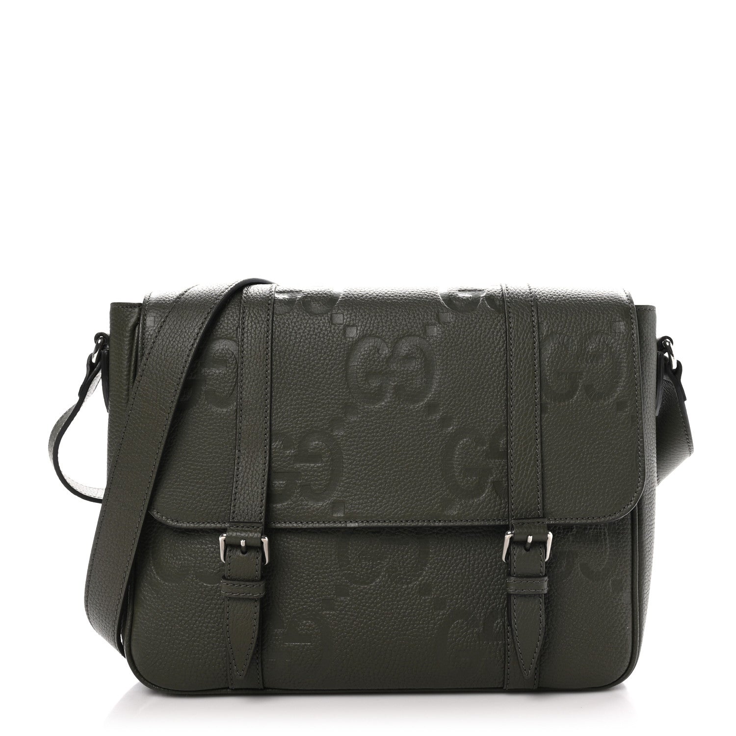Gucci Calfskin Jumbo GG Embossed Double Buckle Medium Messenger Bag Dark Vintage Olive 1 of 10