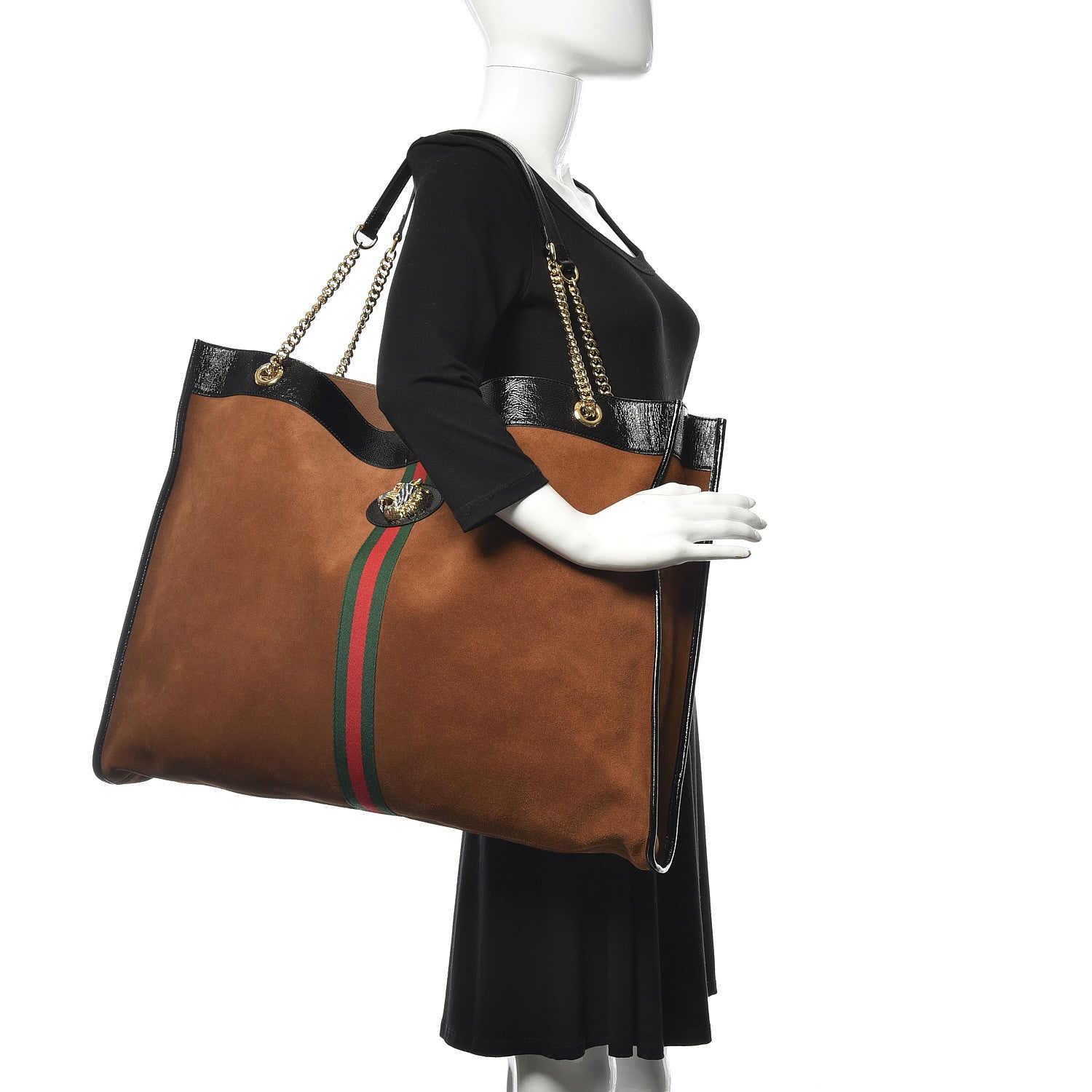 Gucci Suede Patent Maxi Rajah Chain Tote Nocciola Black 3 of 10