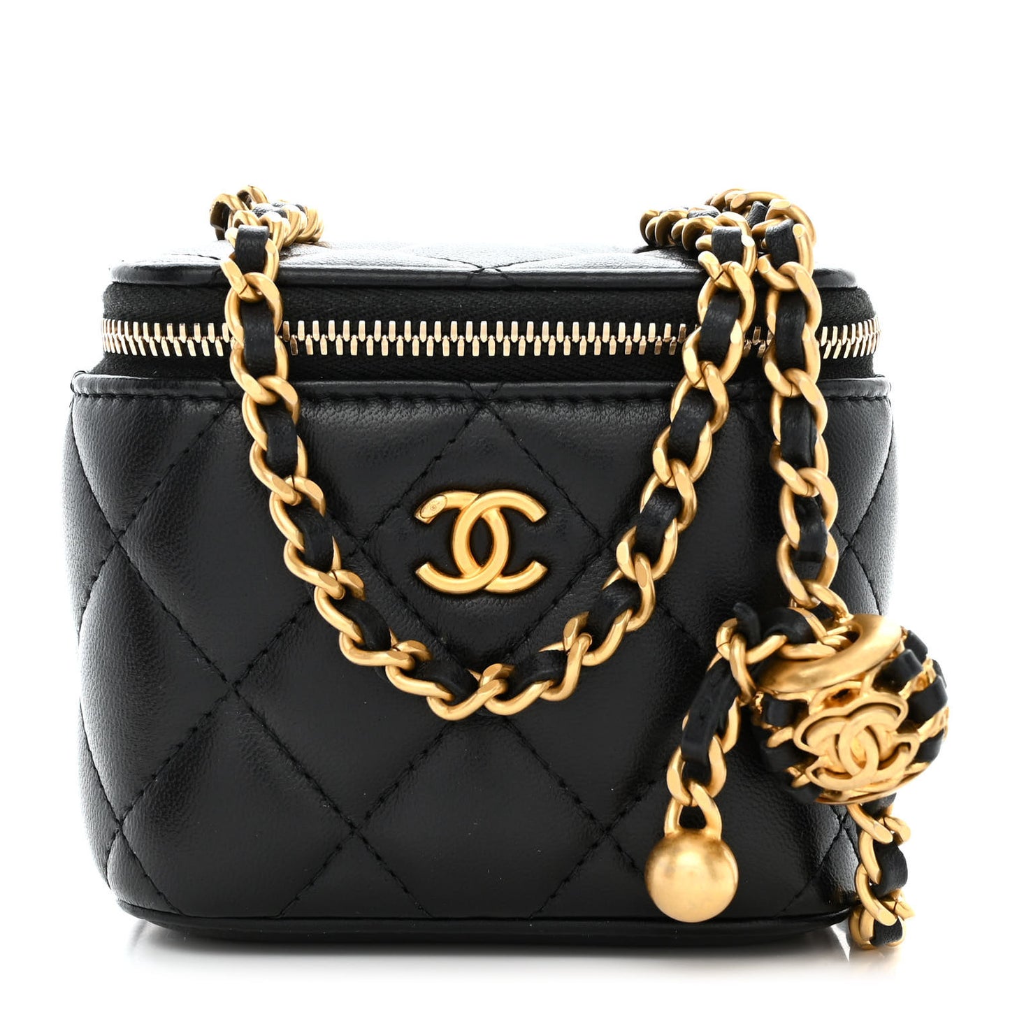 Lambskin Quilted Mini Pearl Crush Vanity Case With Chain Black