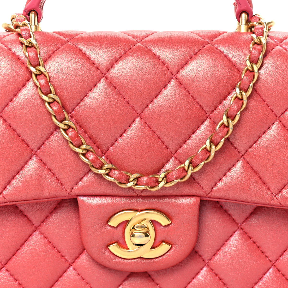 Iridescent Lambskin Quilted Mini Top Handle Rectangular Flap Red