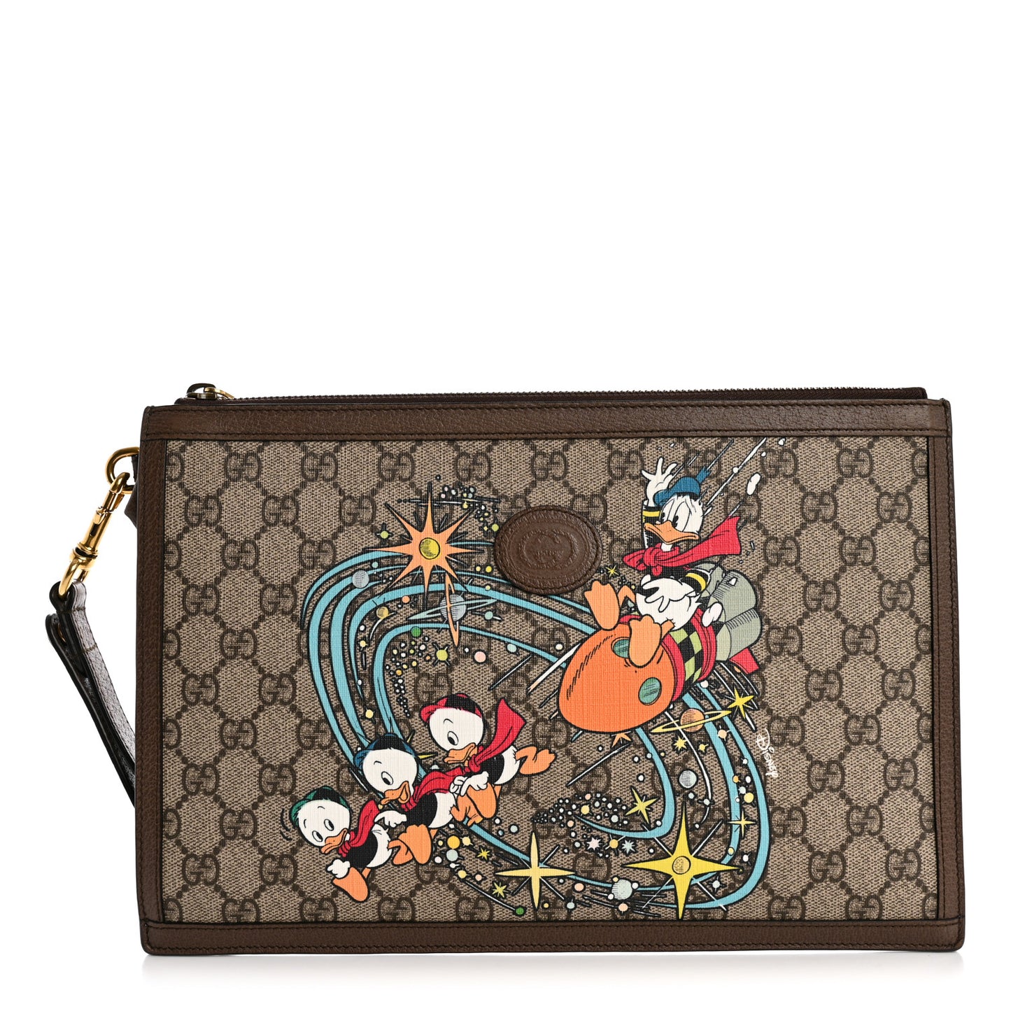 X DISNEY GG Supreme Monogram Donald Duck Interlocking G Wristlet Pouch Beige Multicolor New Acero