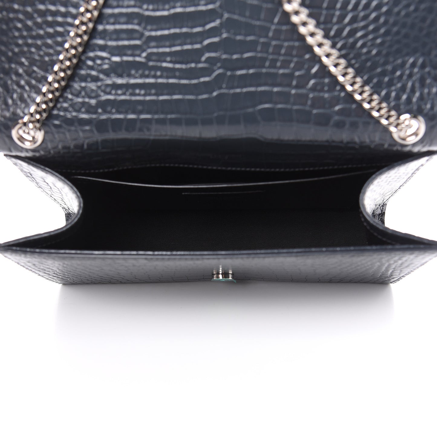 Calfskin Crocodile Embossed Medium Classic Monogram Kate Tassel Satchel Storm