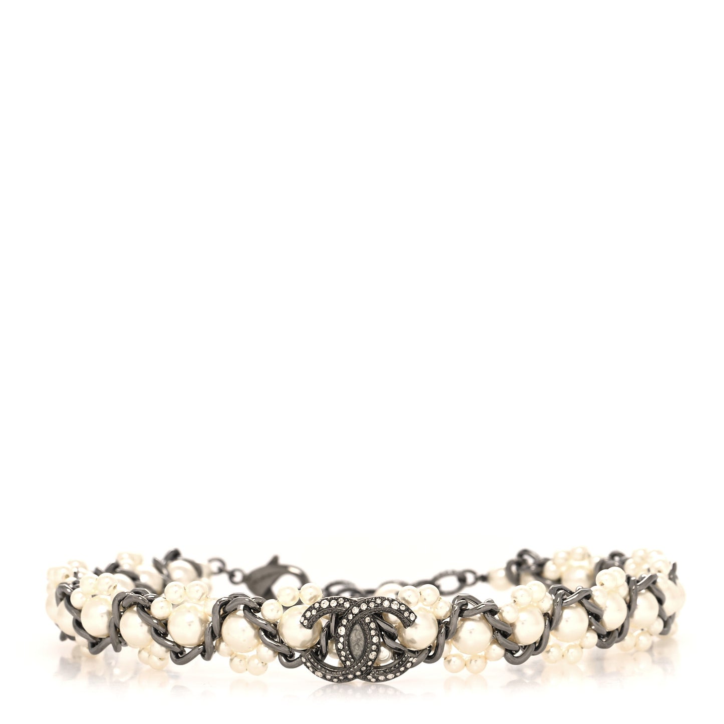 Pearl Crystal CC Choker Necklace Ruthenium