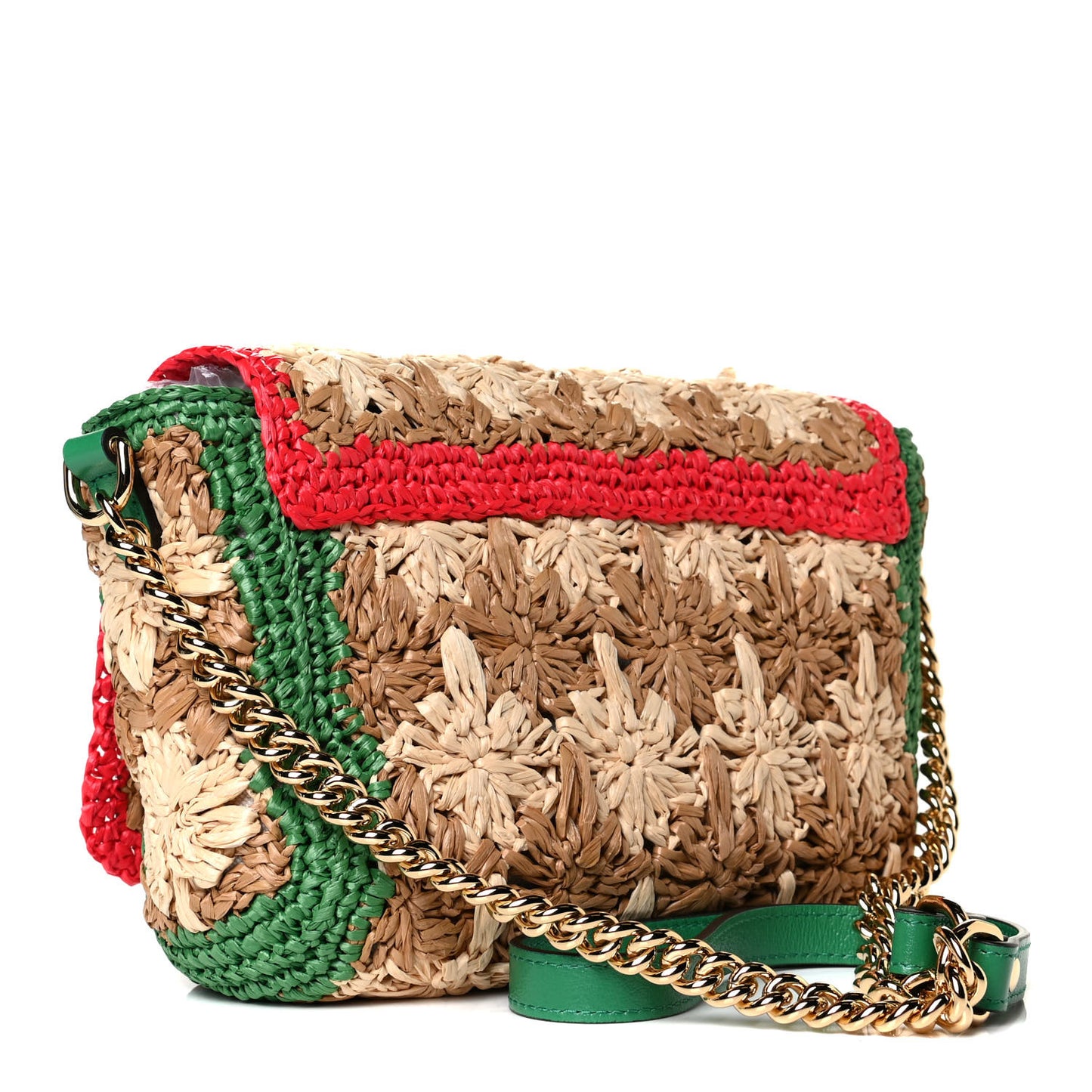 Raffia Azalea Calfskin Crochet Flower Small GG Marmont Shoulder Bag Natural Ecru Green Red New Shamarock
