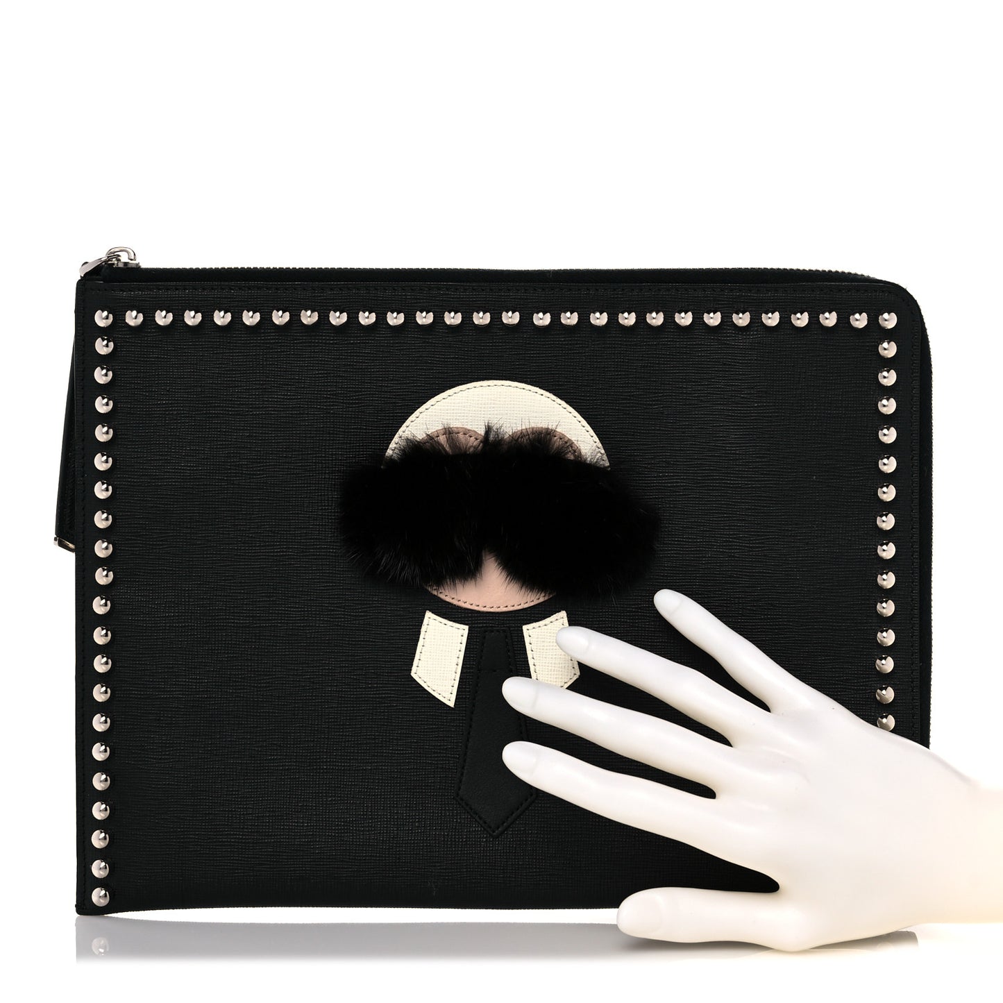 Vitello Elite Mink Fur Studded Karlito Zip Around Pouch Black