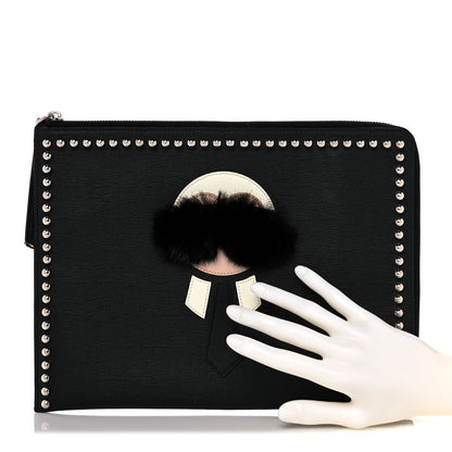 Fendi Vitello Elite Mink Fur Studded Karlito Zip Around Pouch Black 2 of 14