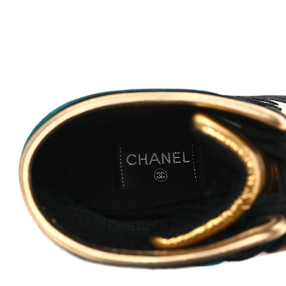 Chanel Suede Calfskin Fabric CC High Top Sneakers 38.5 Black Turquoise Gold 6 of 7