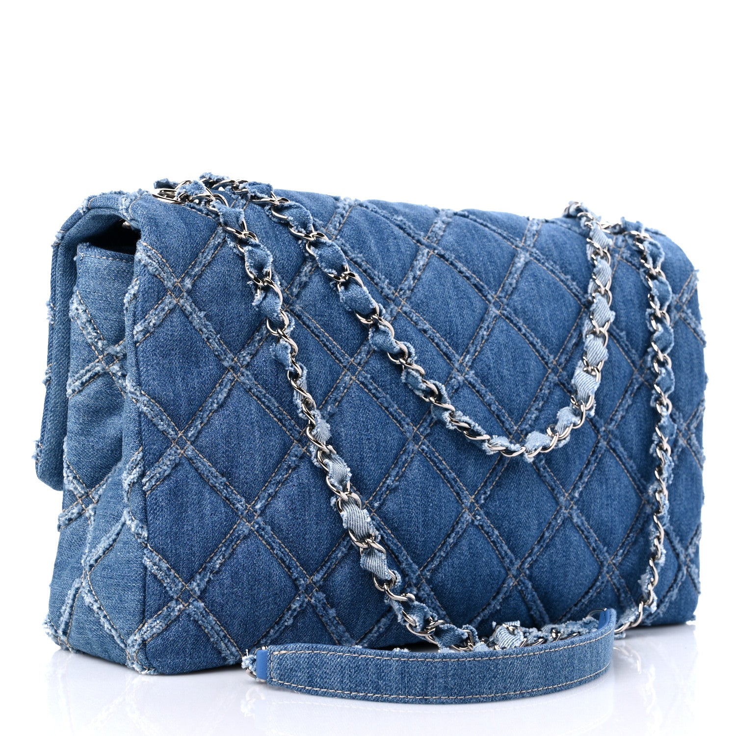 Chanel Frayed Denim Quilted Large Blue Chip Flap Blue 3 of 9