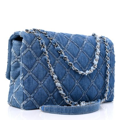 Chanel Frayed Denim Quilted Large Blue Chip Flap Blue 3 of 9