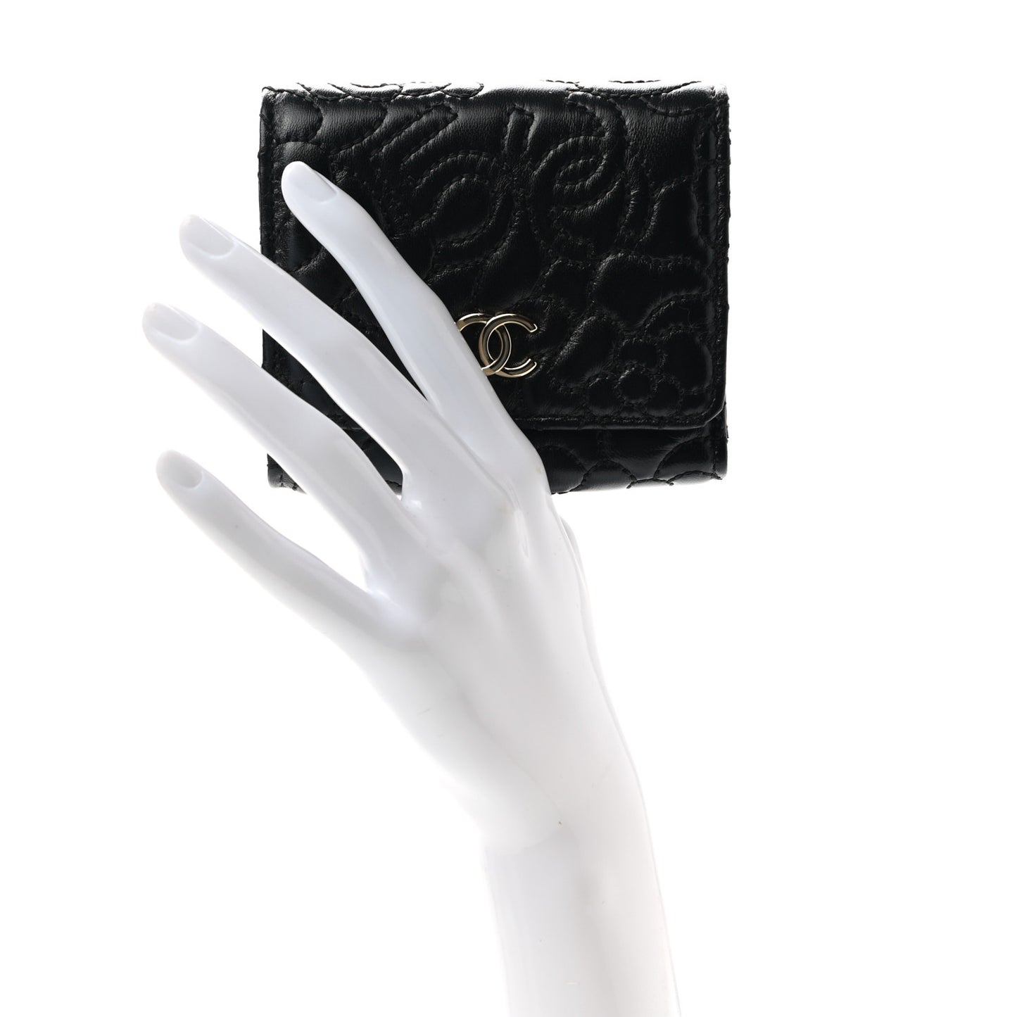 Lambskin Camellia Embossed Small Wallet Black