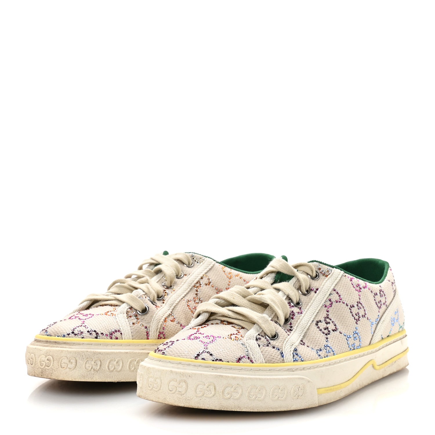 Gucci Canvas Lame Crystal GG Monogram Womens 1977 Tennis Sneakers 39 Gardenia Silver Mystic White 4 of 7