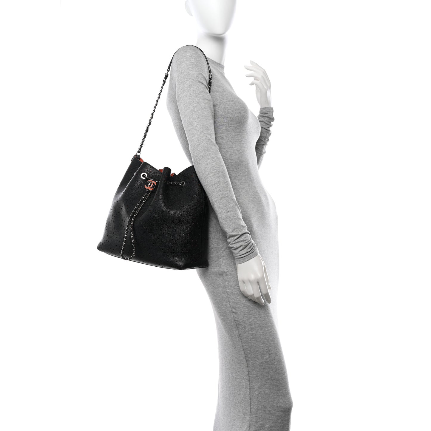 Caviar Perforated Drawstring CC Bag Black Orange