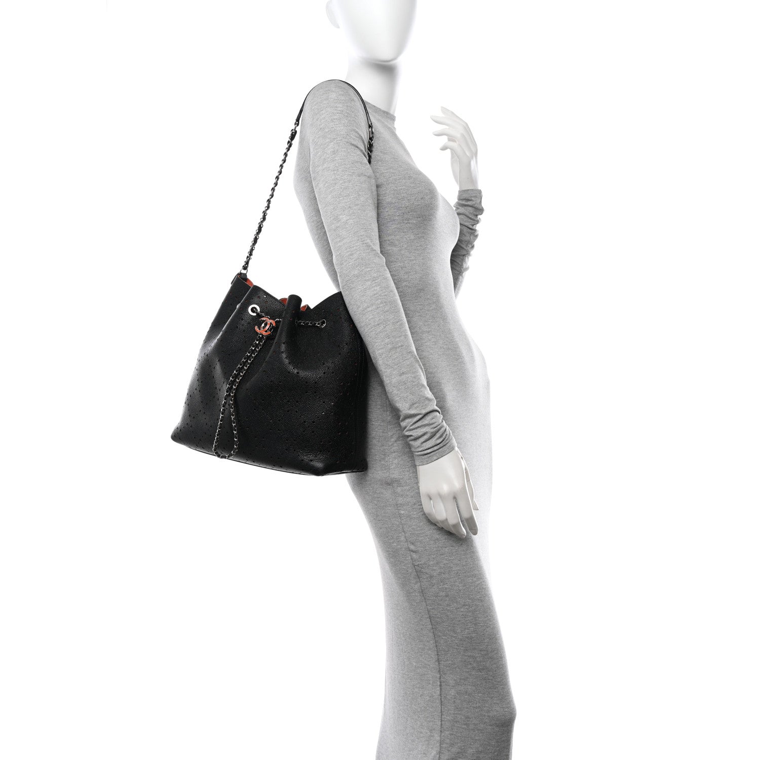 Chanel Caviar Perforated Drawstring CC Bag Black Orange 2 of 16