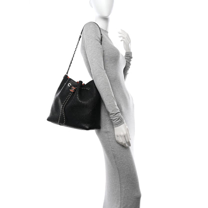 Chanel Caviar Perforated Drawstring CC Bag Black Orange 2 of 16
