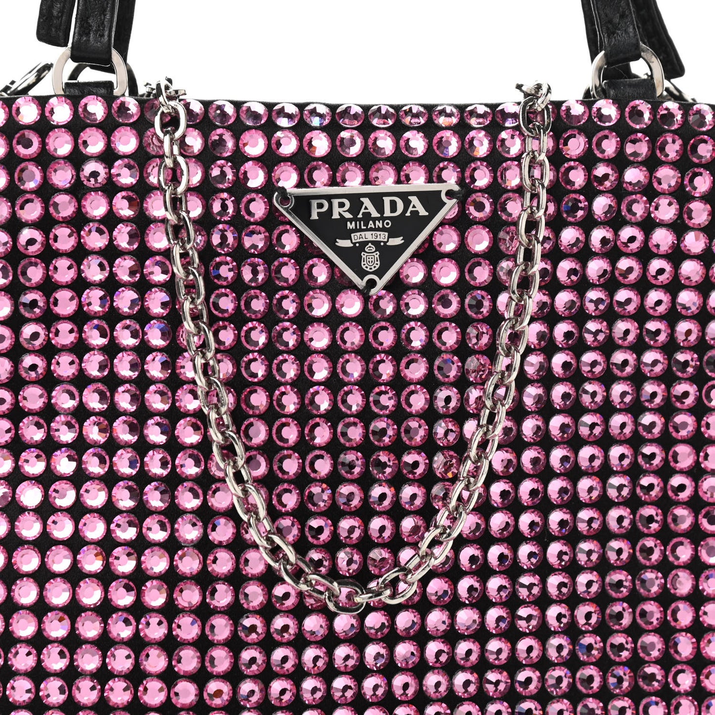 Satin Crystal Metal Triangle Logo Chain Crossbody Handbag Rosa