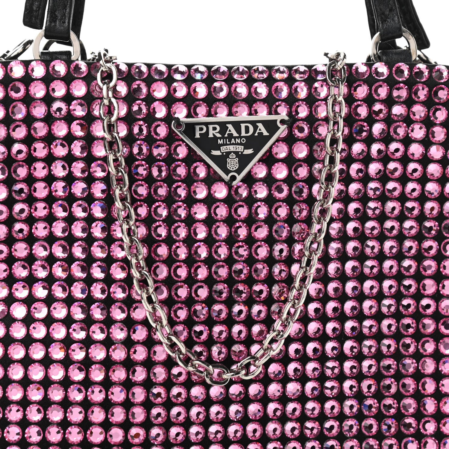Prada Satin Crystal Metal Triangle Logo Chain Crossbody Handbag Rosa 7 of 9