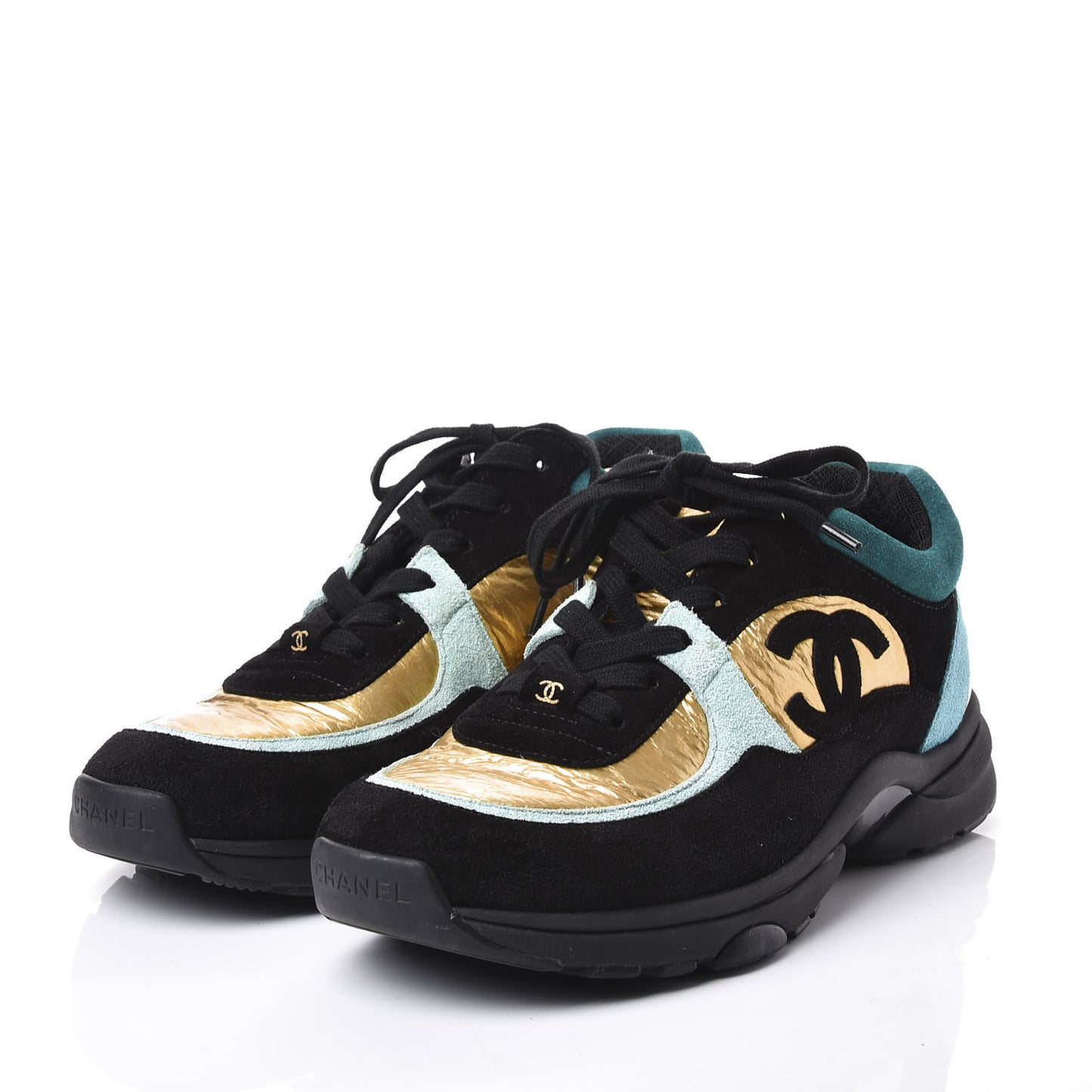 Fabric Calfskin Suede CC Womens Sneakers 38.5 Black Turquoise Gold