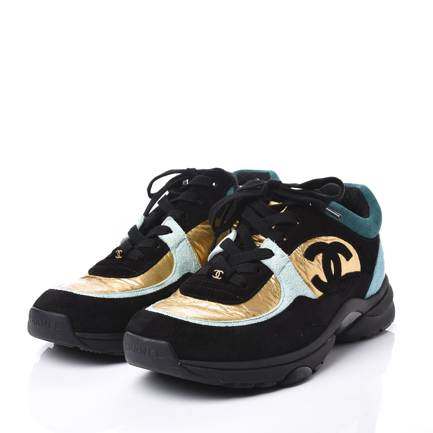 Chanel Fabric Calfskin Suede CC Womens Sneakers 38.5 Black Turquoise Gold 3 of 11