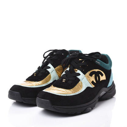 Chanel Fabric Calfskin Suede CC Womens Sneakers 38.5 Black Turquoise Gold 3 of 11
