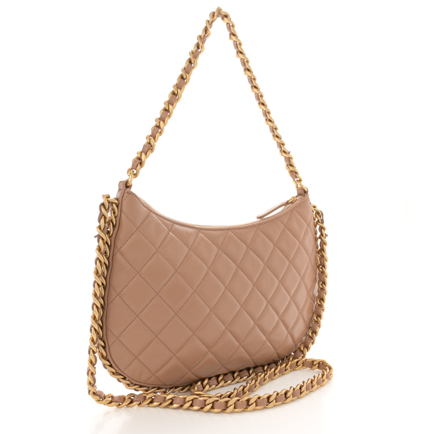 Chanel Shiny Crumpled Lambskin Quilted Large Trendy Chain Around Hobo Dark Beige 2 of 11