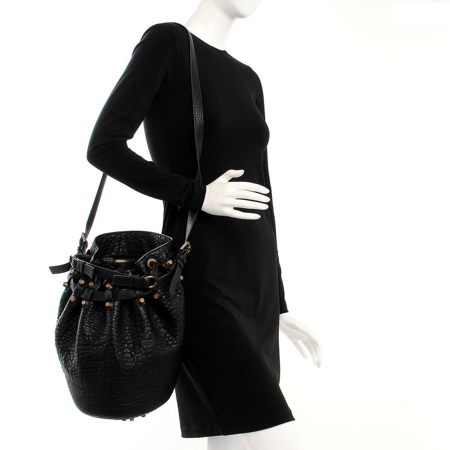 Pebbled Lambskin Diego Bucket Black Antique Brass Hardware