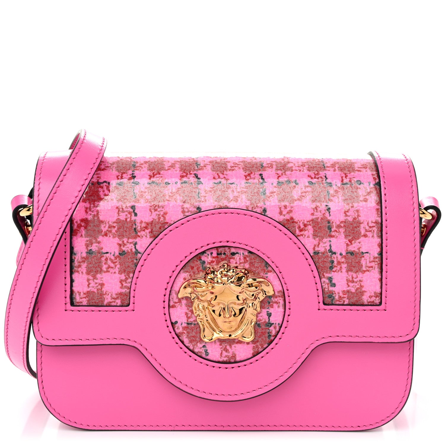 Versace Calfskin Vinyl Small Houndstooth La Medusa Crossbody Bag Pink Multicolor 1 of 9