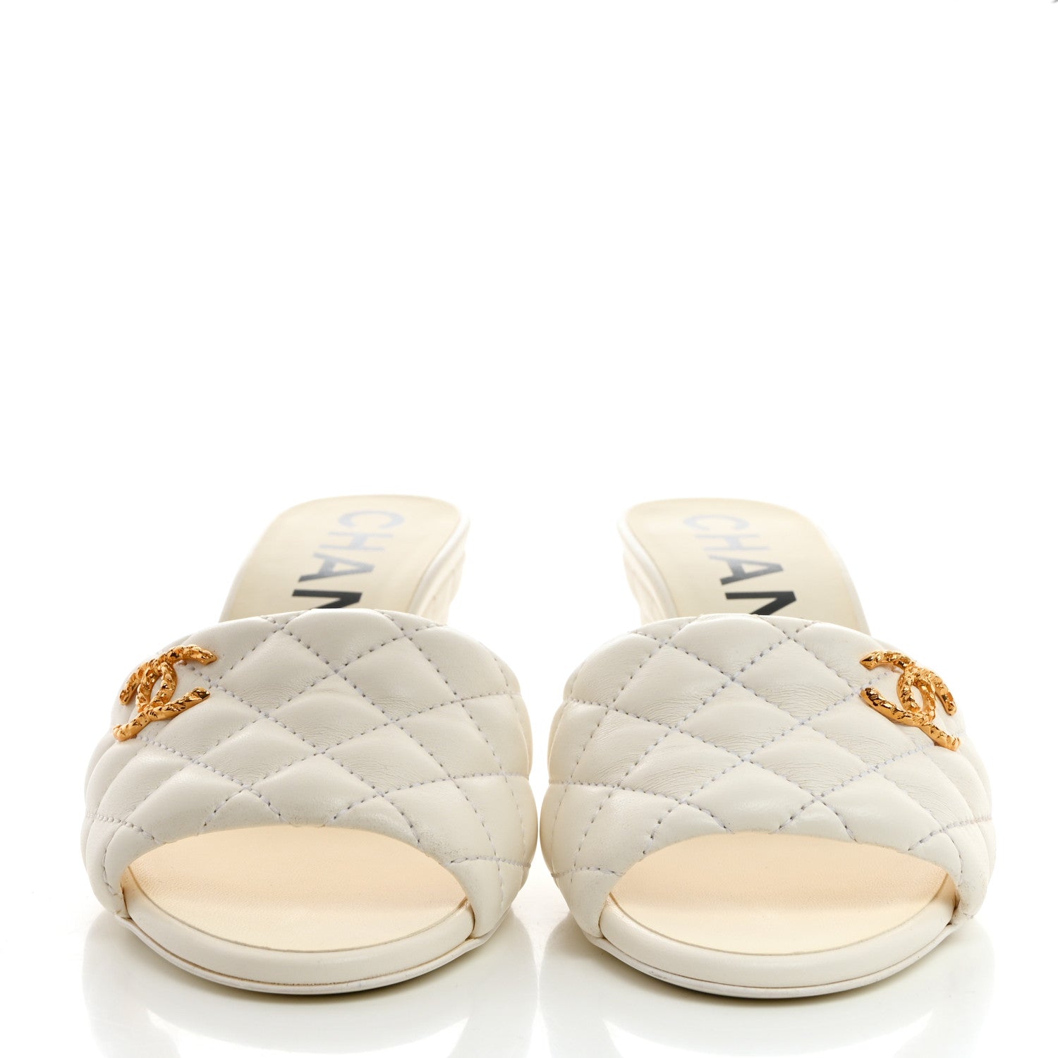 Chanel Lambskin Quilted Textured CC Mules 37 White 2 of 9