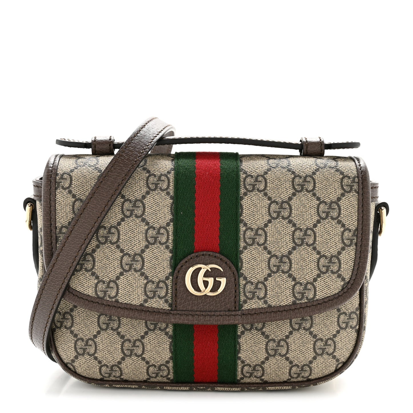 GG Supreme Monogram Textured Dollar Calfskin Small Ophidia Top Handle Shoulder Bag Beige Brown