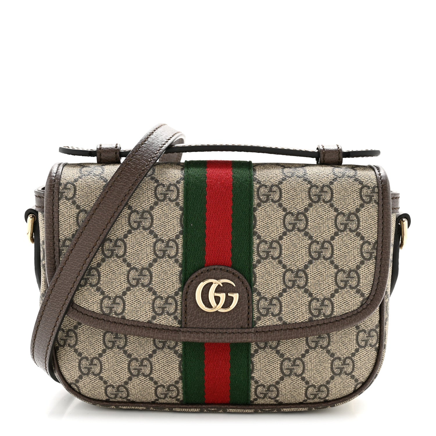 Gucci GG Supreme Monogram Textured Dollar Calfskin Small Ophidia Top Handle Shoulder Bag Beige Brown 1 of 12