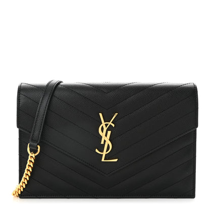 Saint Laurent Grain De Poudre Matelasse Chevron Monogram Envelope Chain Wallet Black 1 of 11