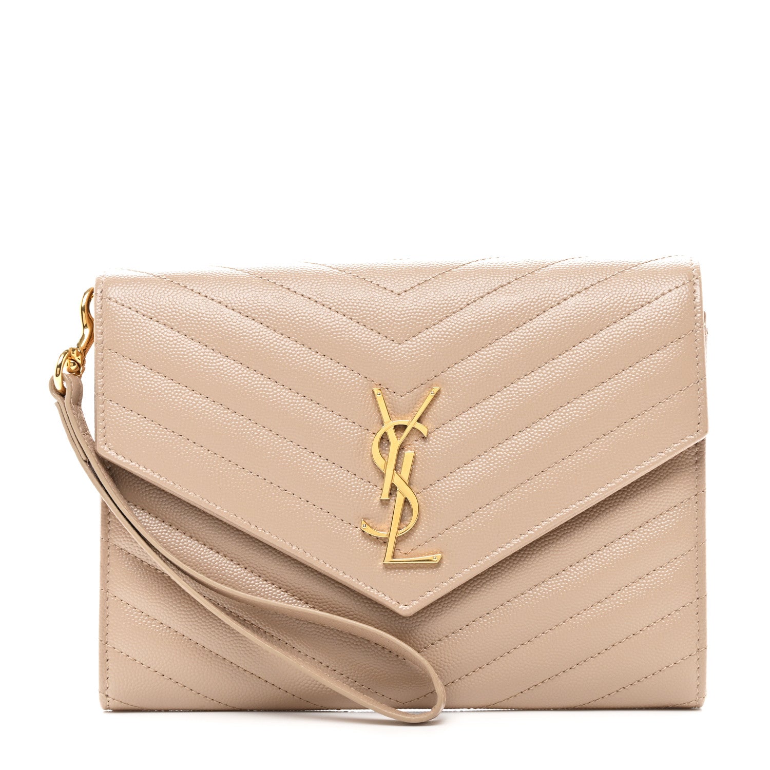 Saint Laurent Grain De Poudre Matelasse Chevron Monogram Envelope Clutch Dark Beige 1 of 8