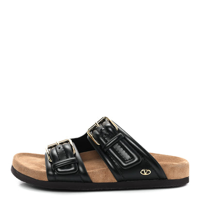 Valentino Garavani Calfskin Fussfriend Double Buckle Slide Sandals 38 Black 1 of 9