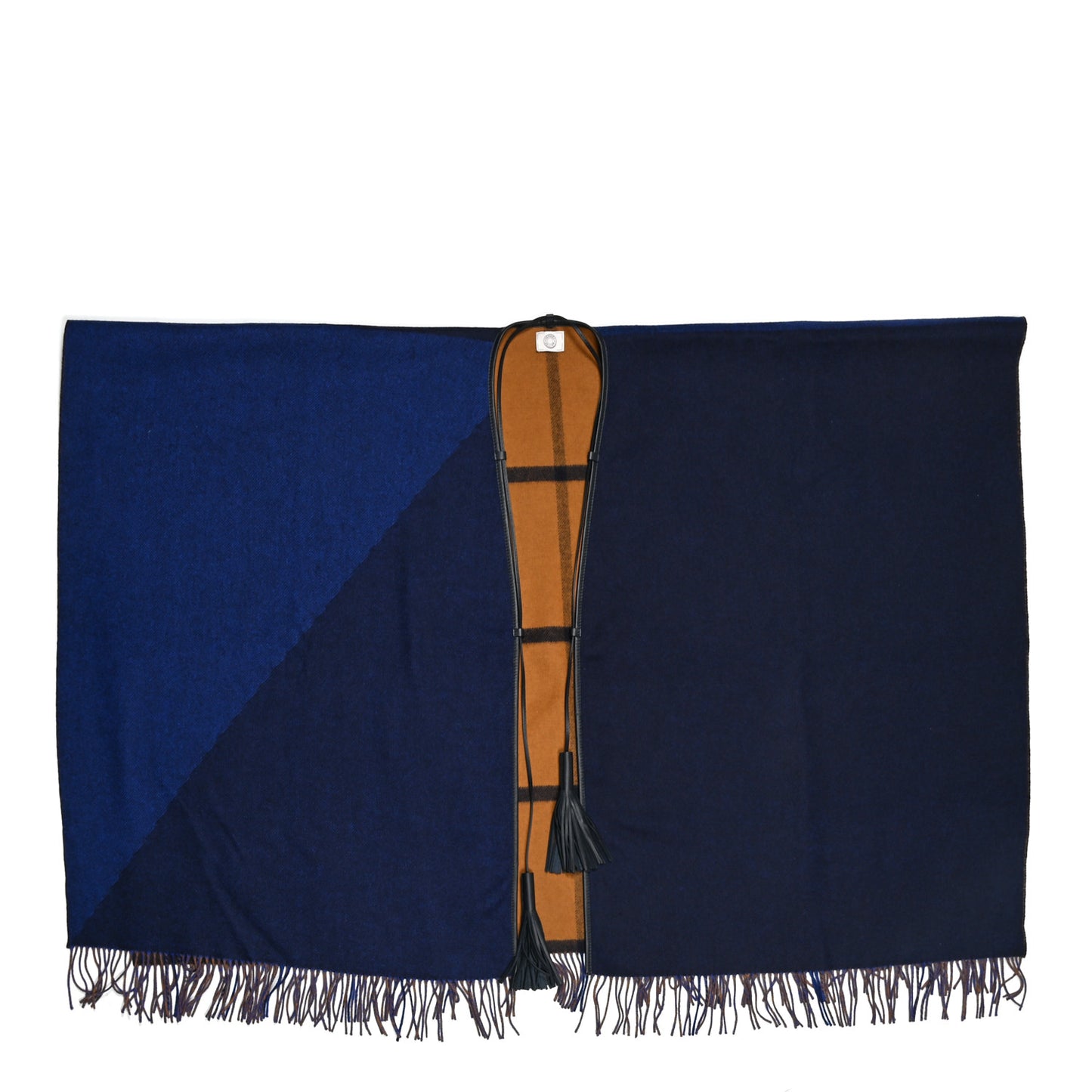Wool Calfskin Reversible Highlands Poncho Navy Royal Fauve