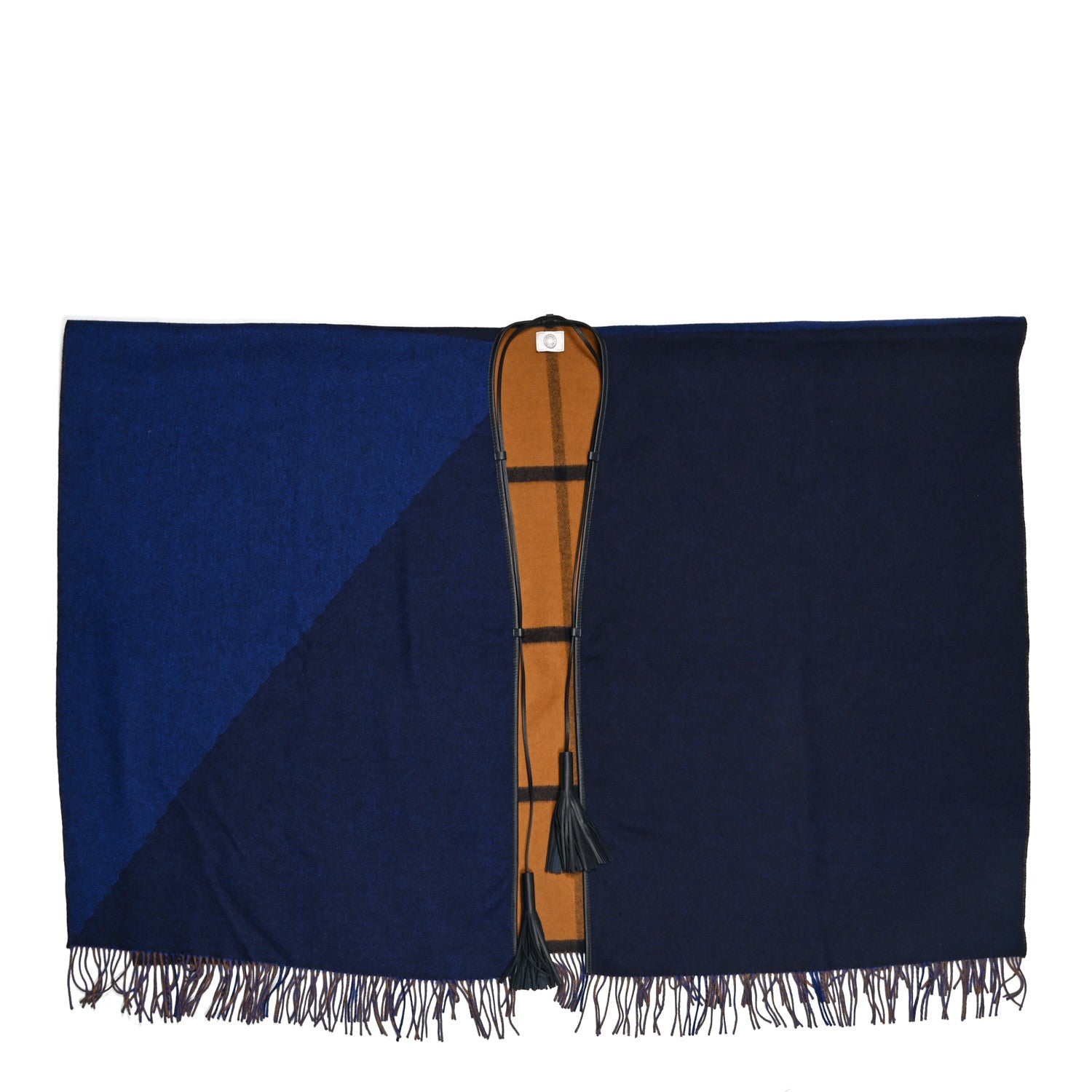 Hermes Wool Calfskin Reversible Highlands Poncho Navy Royal Fauve 1 of 3