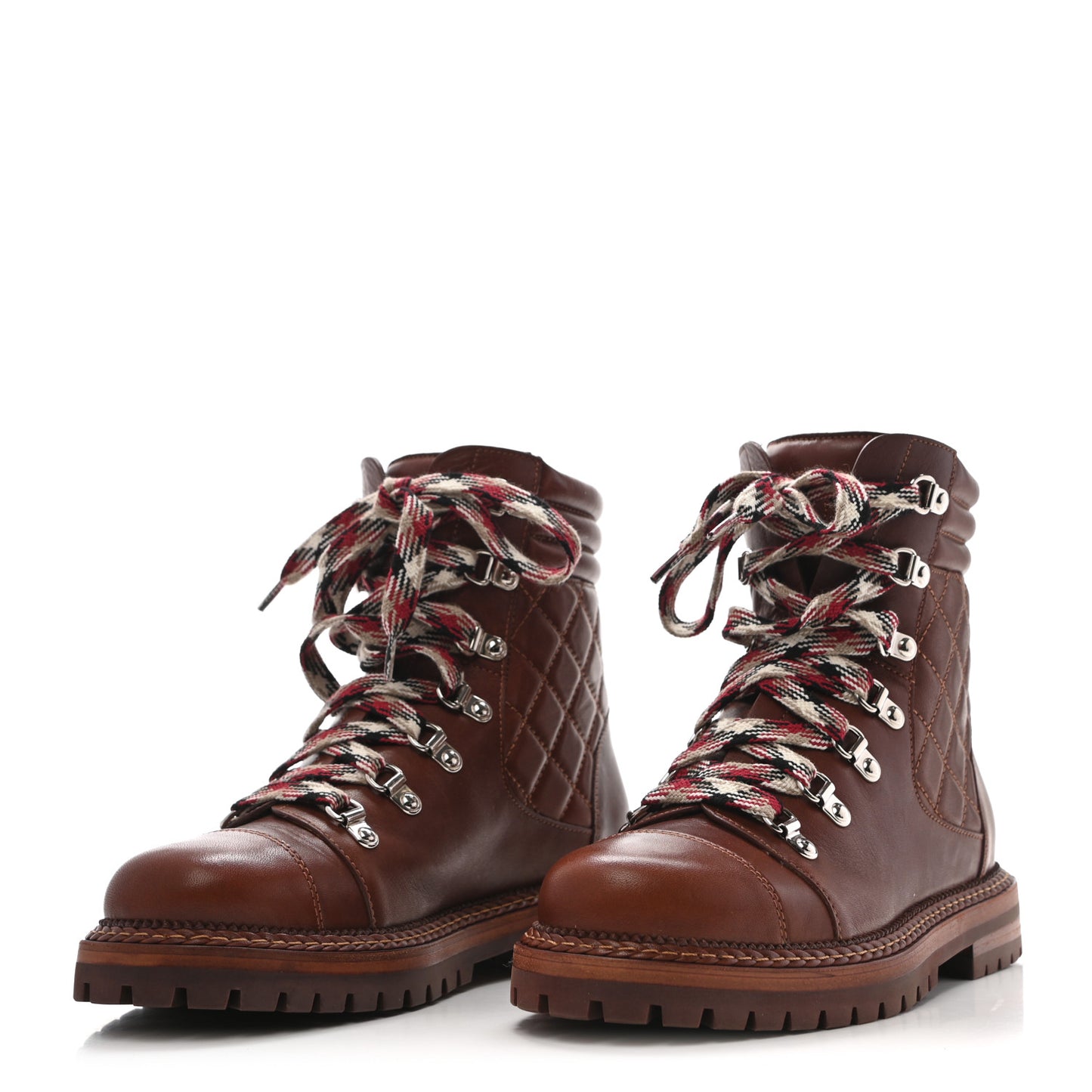 Lambskin Quilted Lace Up Boots 37 Brown