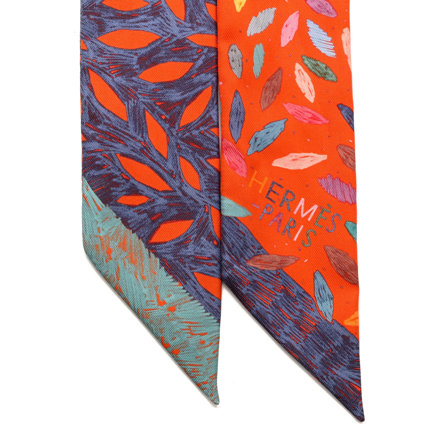 Hermes Silk Chacun Fait Son Nid Twilly Vermillon Bleu Jaune d'Or 2 of 4