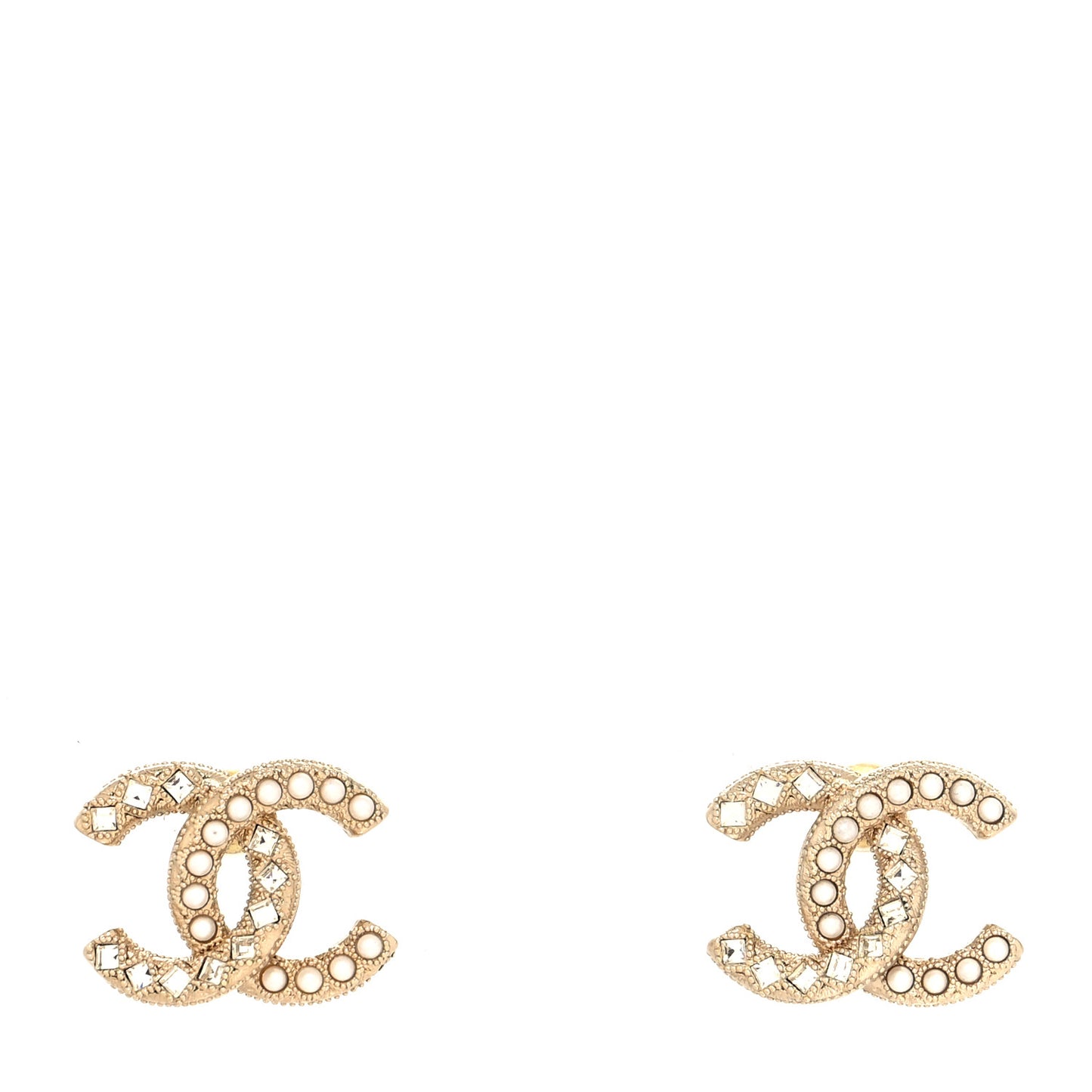 Pearl Crystal Baguette CC Earrings Gold