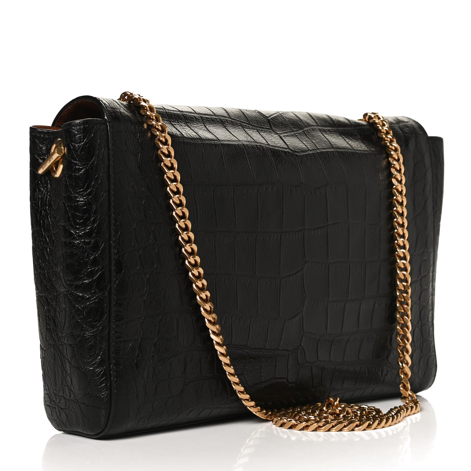 Saint Laurent Calfskin Crocodile Embossed Suede Medium Reversible Monogram Kate Satchel Military Taupe 4 of 23