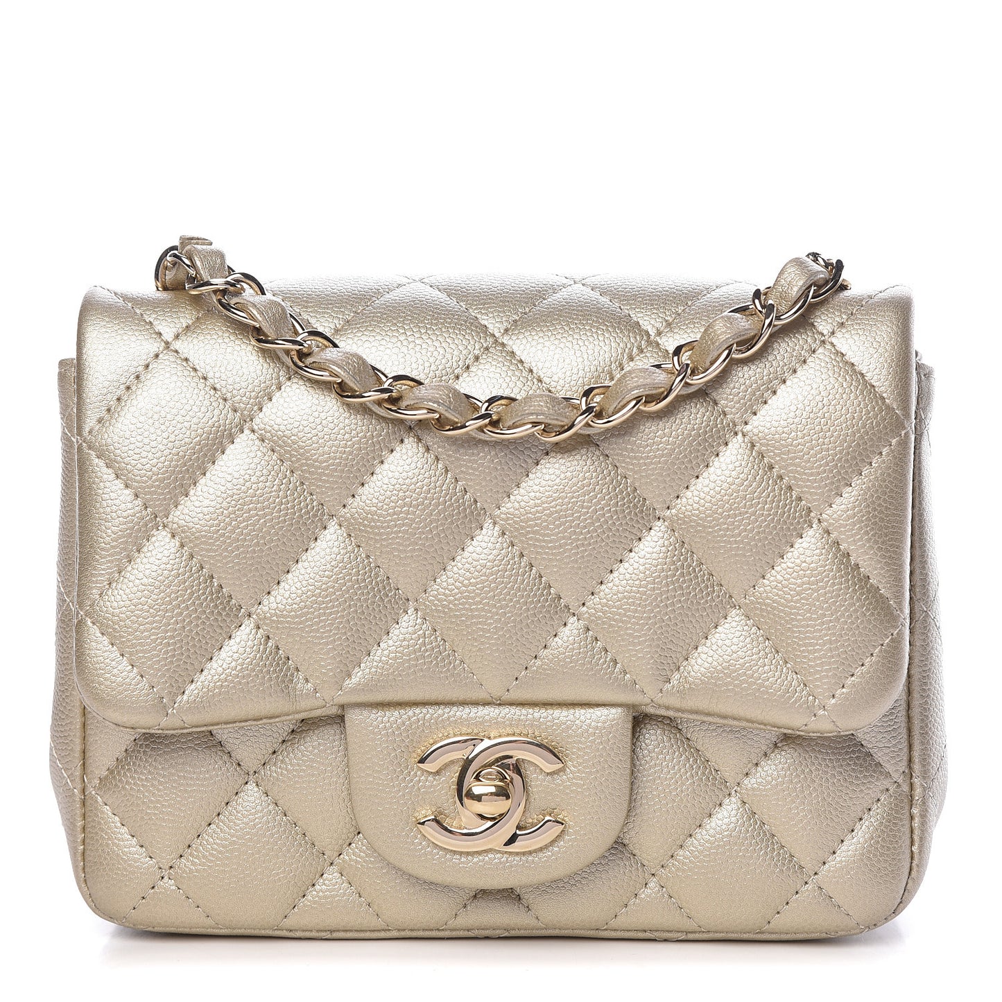 Metallic Caviar Quilted Mini Square Flap Light Gold