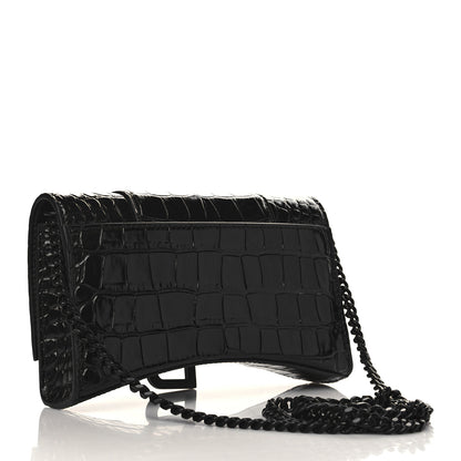 Balenciaga Shiny Calfskin Monochrome Crocodile Embossed Hourglass Chain Bag Black 3 of 8