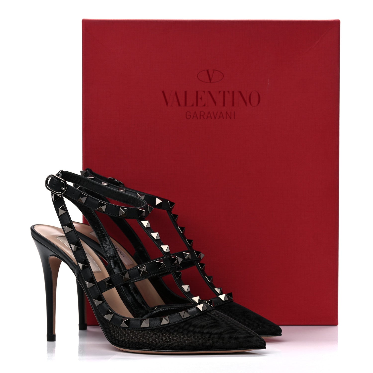 Valentino Garavani Mesh Calfskin Rockstud Ankle Strap 100mm Pumps 37.5 Black 10 of 10