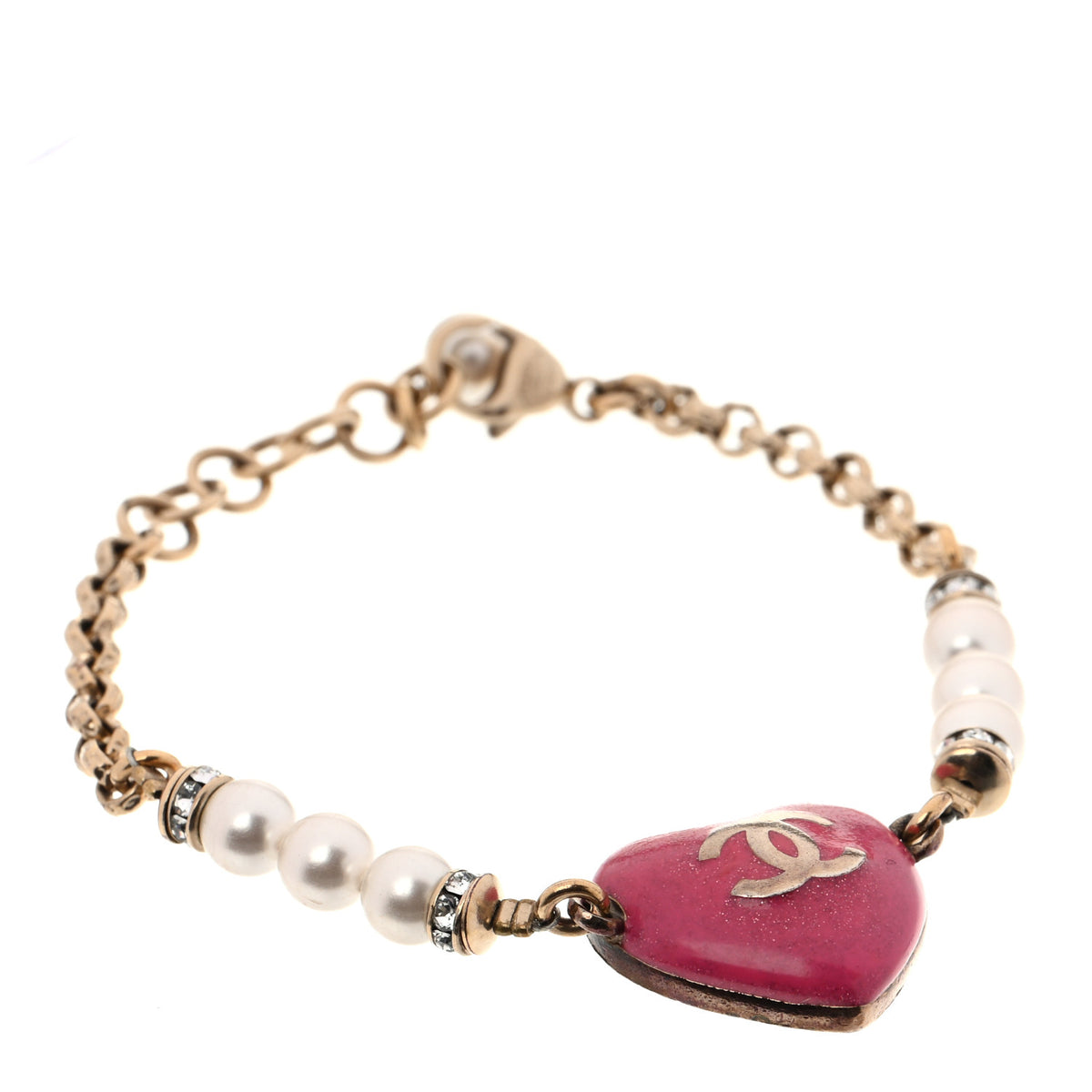 Chanel Resin Crystal Pearl Chain Heart CC Bracelet Pink White Gold 1 of 6