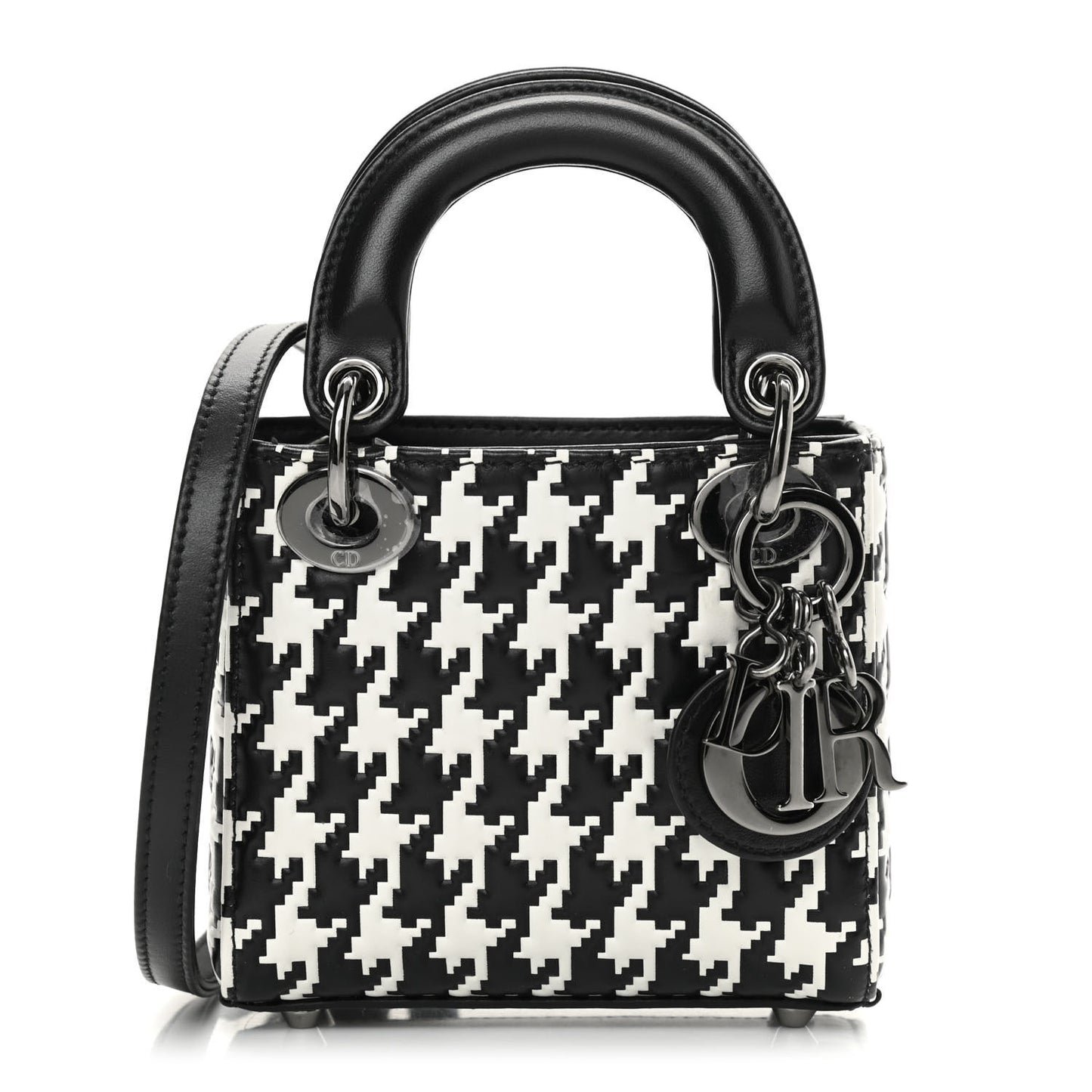 Calfskin Macro Houndstooth Embossed Micro Lady Dior Black White