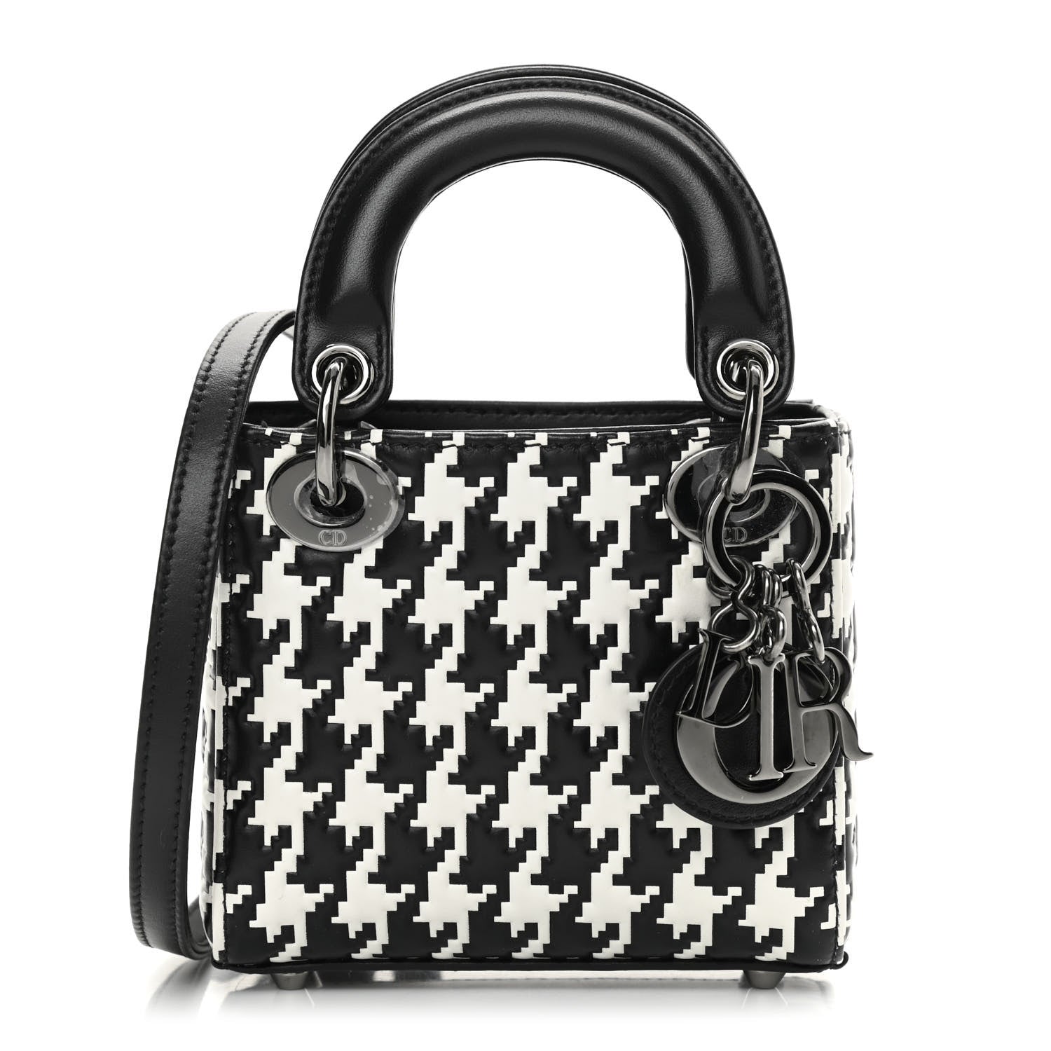 Christian Dior Calfskin Macro Houndstooth Embossed Micro Lady Dior Black White 1 of 9