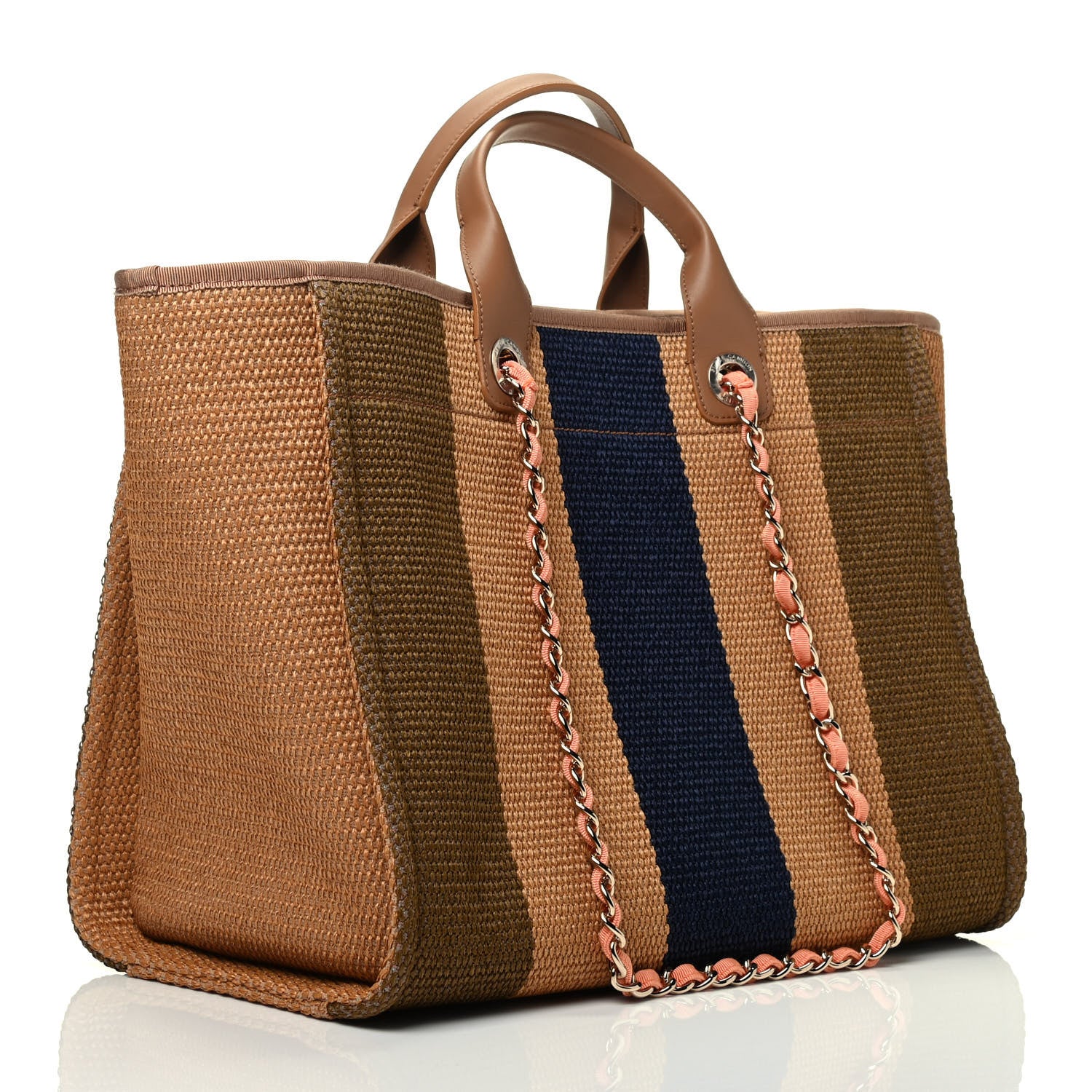 Chanel Straw Raffia Calfskin Striped Medium Deauville Tote Khaki Beige Navy Blue 4 of 10