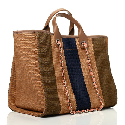 Chanel Straw Raffia Calfskin Striped Medium Deauville Tote Khaki Beige Navy Blue 4 of 10
