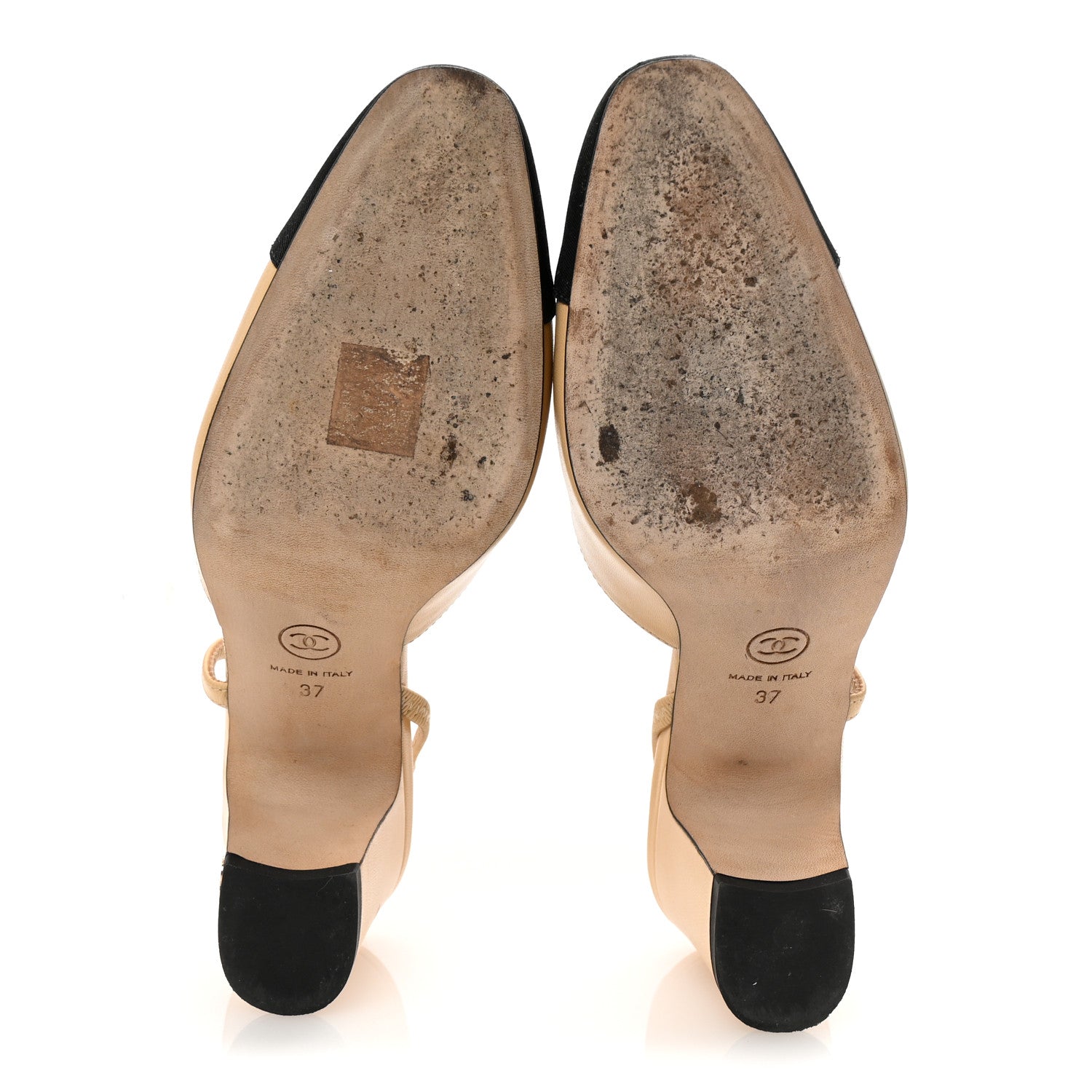 Chanel Goatskin Grosgrain Cap Toe CC Slingback Pumps 37 Beige Black 6 of 10