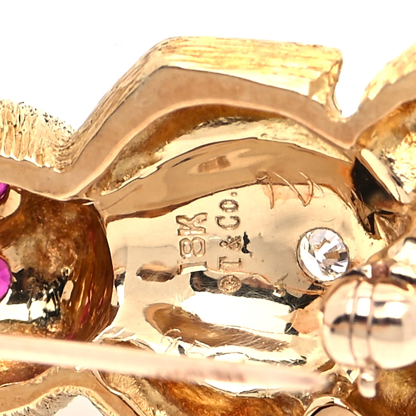 18K Yellow Gold Diamond Ruby Teddy Bear Brooch Pin