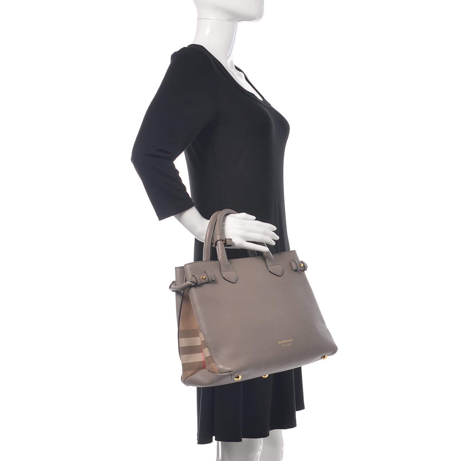 Burberry Derby Calfskin House Check Medium Banner Tote Thistle Grey 2 of 13